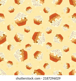 Bright colour seamless background with cupcake pattern. Sweets cartoon wallpaper for different wrapping paper prints. Textile texture for children party