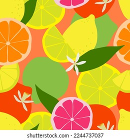 Bright coloured fruit on orange background seamless vector pattern