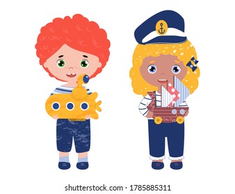 Bright coloured vector with kids play together. Happy children with submarine toy and a ship. Girl in captain hat and boy in the sailor suit. Marine party.