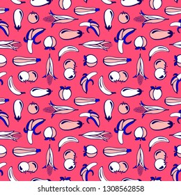 Bright colourful abstract hot veggies seamless vector pattern on hot pink background. Vegetables illustration.