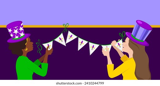 Bright colourful banner with two women celebrating Mardi Gras on purple background. Hat, crown, beads, symbol, balloon, serpentine. Doodle vector illustration in cartoon style