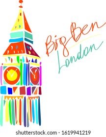 Bright colourful Big Ben Illustration, London, United Kingdom, historical monument, royal symbol