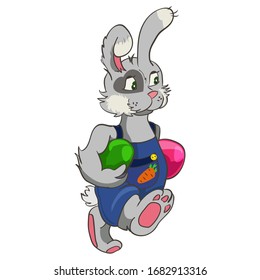 bright colourful cartoon easter bunny character carries easter eggs. Cute bunny in blue overalls with a carrot in a pocket