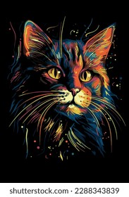 Bright colourful cat on a dark background