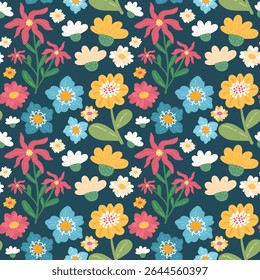 Bright colourful flowers vector seamless pattern. Botanical wildflowers and foliage hand drawn summer pattern. Spring floral pattern for textile, kids, fabrics, decor, print design, cards,packaging