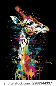 Bright colourful giraffe on a dark background