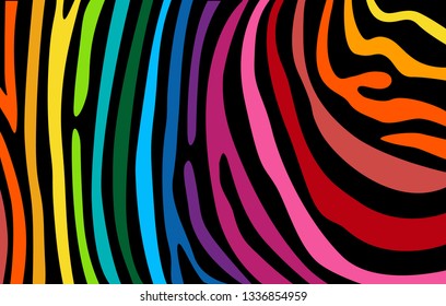 Bright colourful horizontal abstract wallpaper. Color lines on black backdrop. Modern background for cover design, flyer. Vector illustration.
