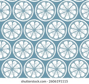 Bright colourful lemons vector seamless pattern on blue background. Healthy cartoon different stylized slices of citrus fruits in print flat style,