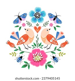 Bright colourful modern folk style illustration with birds, flowers, butterflies and bugs on white background.