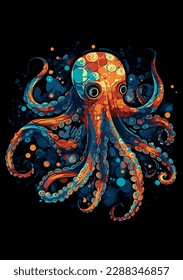 Bright colourful octopus on dark background