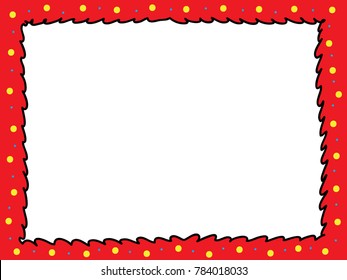 bright colourful red frame decorated with yellow and blue dots and furry doodle line. white background.
