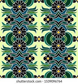 Bright colourful seamless pattern with traditional ethnic elements. Batik and embroidery design. Folk background with stylized flowers and leaves.