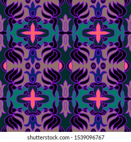 Bright colourful seamless pattern with traditional ethnic elements. Batik and embroidery design. Folk background.