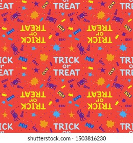 Bright colourful seamless pattern with trick or treat phrases, spiders, candies and blots