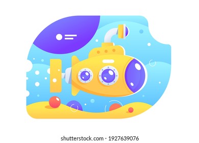 Bright Colourful Submarine Vector Illustration. Yellow Submarine With Periscope Under Water Flat Style. Marine Life. Ocean Landscape Concept. Isolated On White Background