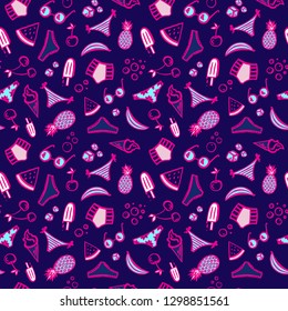 Bright colourful summer party seamless vector pattern on dark background. Outlined summer and beach objects.