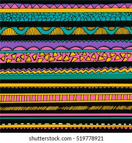 Bright colourful tribal seamless pattern.Hand drawn boho background. Vector