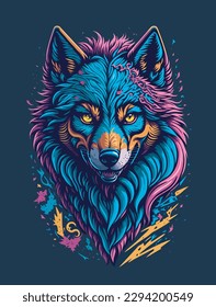 Bright colourful wolf head  portrait  on dark background, pop art style. trendy modern concept. vector illustration
