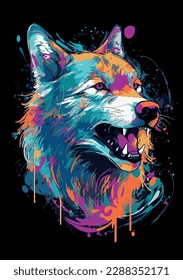 Bright colourful wolf on dark background