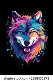 Bright colourful wolf on dark background