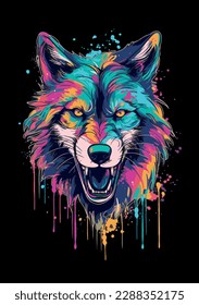 Bright colourful wolf on dark background