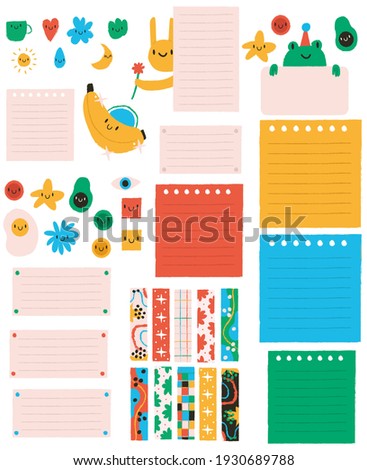 Bright colours cute Office and School stickers set, vector Graphics, Planner clip art, back to school design. Isolated on white. Cute bright elements doodle elements.Scotch patterned adhesive tape