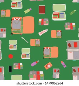 Bright colours top view packed suitcase repeat pattern on green background. Vector illustration