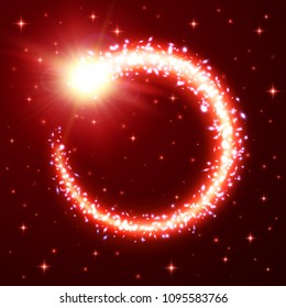 A bright comet with dust and gas trail. Glowing comet frame on red space starry background with night sky. Flash of light galactic nebula. Comet tail with glitter particles. Cosmic vector illustration