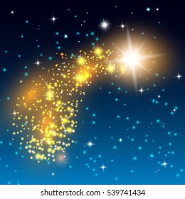 A bright comet gold with large dust. Falling gold Star. Glow light effect. Vector illustration on transparent background