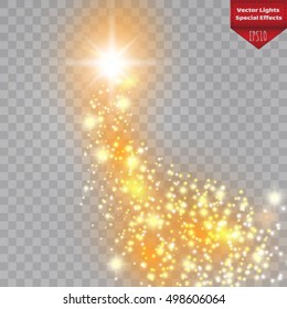 A bright comet golg with large dust. Falling gold Star. Glow light effect. Vector illustration
