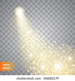 A bright comet with large dust. Falling Star. Glow light effect. Golden lights. Vector illustration