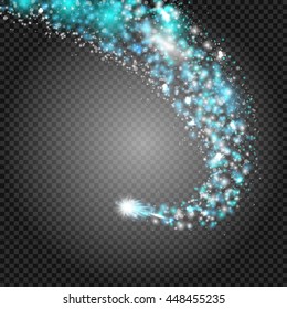 A bright comet with large dust. Falling Star. Really transparent effect. Glow light effect. Blue lights. Vector illustration