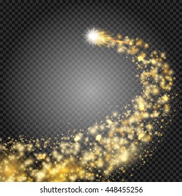 A bright comet with large dust. Falling Star. Really transparent effect. Glow light effect. Golden lights. Vector illustration