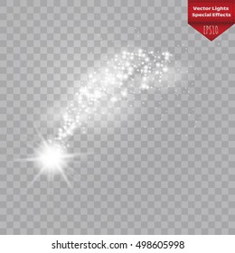 A bright comet with large dust. Falling Star. Glow light effect. Golden lights. Vector illustration