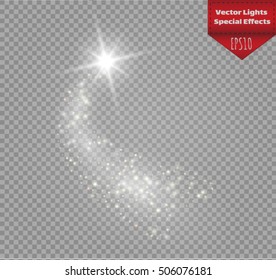 A bright comet with large dust. Falling Star. Glow light effect. Golden lights. Vector illustration