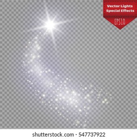 A bright comet with large dust. Falling Star. Glow light effect. Golden lights. Vector illustration