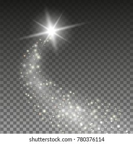 A bright comet with large dust. Falling Star. Glow light effect. Golden lights on transparent background. Vector Illustration 