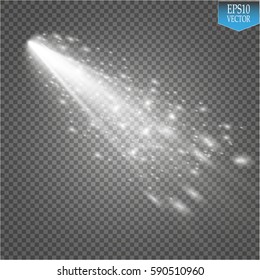 A bright comet with large dust and gas trails isolated. Vector Illustration.