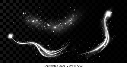 A bright comet with large dust. Shooting star on a transparent background. Glow light effect. Vector illustration