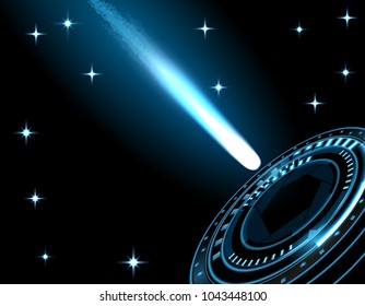 A bright comet, a meteor, a spaceship, a rocket enters the portal. HUD. Isolated on black starry sky background. Vector illustration