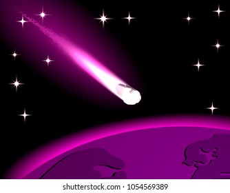 A bright comet of purple color, a meteor flying over the background of the earth, a starry sky. Isolated on black background. Vector illustration
