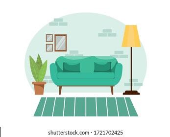 Bright comfortable cozy living room interior in green pastel colors on a white isolated background. Modern flat design style with flower sofa and floor lamp. Vector stock illustration.