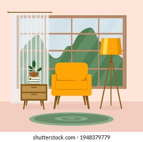 Bright comfortable cozy living room interior in green pastel colors on a white isolated background. Modern flat design style with flower sofa and floor lamp. Vector stock illustration.