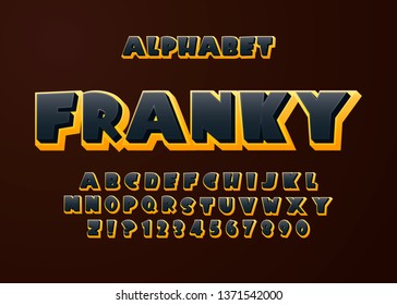 Bright comic 3D font and alphabet. Vector yellow and black letters and numbers. Vector illustration.