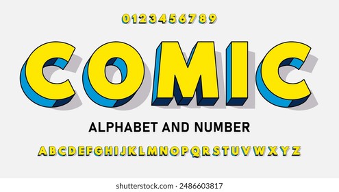 Bright comic 3D font in cartoon style. Retro alphabet with capital letters and numbers