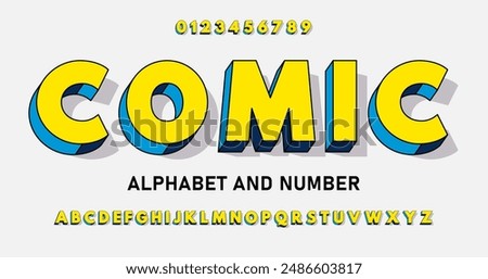 Bright comic 3D font in cartoon style. Retro alphabet with capital letters and numbers