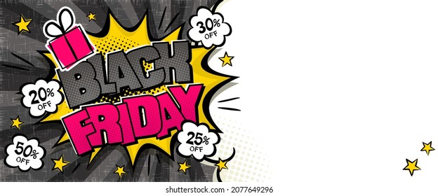 Bright comic banner for black friday discounts or sales. Cloud text frame on a ray background. Template for web design, flyers, banners, coupons, applications and posters. Vector illustration