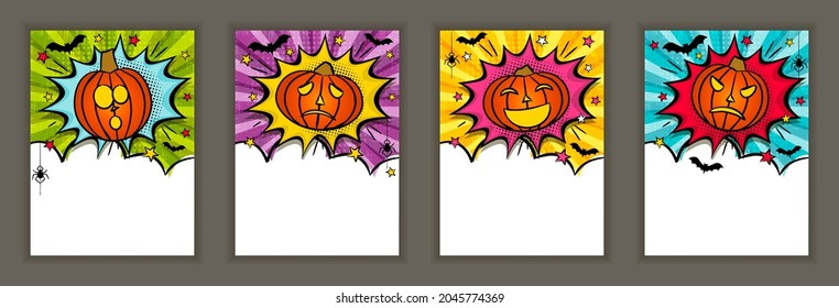 Bright comic banner for Halloween with Pumpkins, stars, bats. Cloud text frame on ray background. Pop art party Template for design, flyers, banners, cards, coupons, posters. Vector illustration