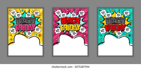 Banners de cómic luminosos para descuentos o ventas de viernes negro. Enfoque de texto en la nube en un fondo de rayos. Plantilla para diseño web, volantes, banners, cupones, aplicaciones y afiches. Ilustración del vector