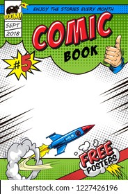 Bright comic book cover concept with flying rocket dynamic rays halftone effects and inscriptions vector illustration